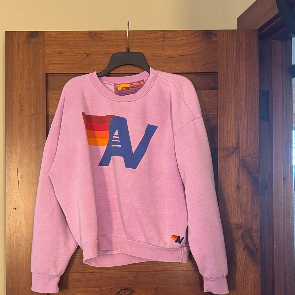 Aviator Nation Lavender sweatshirt  with Blue Logo and Multicolor Stripes